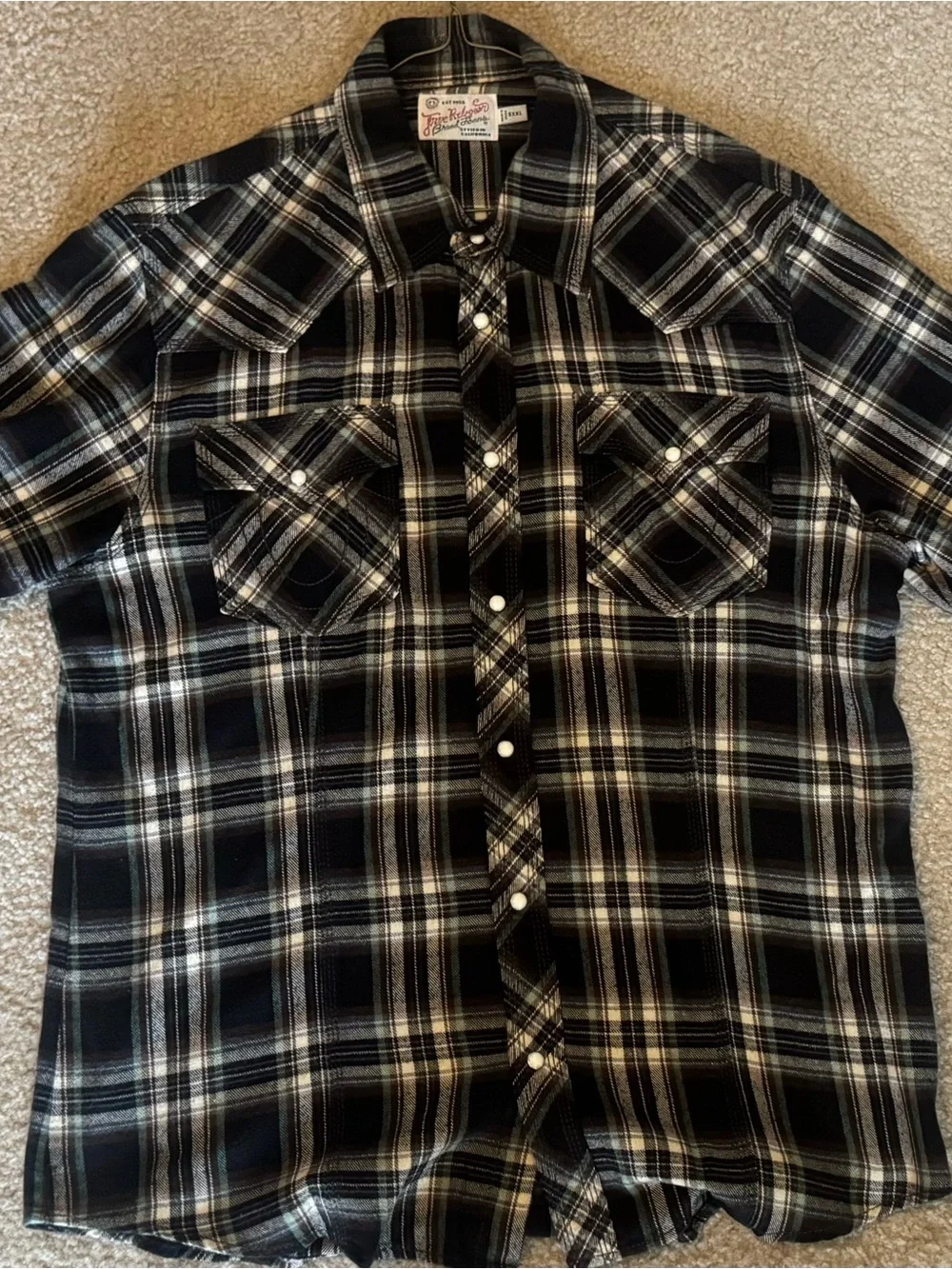 True Religion Black, Green & Cream Plaid Button-Down Shirt
